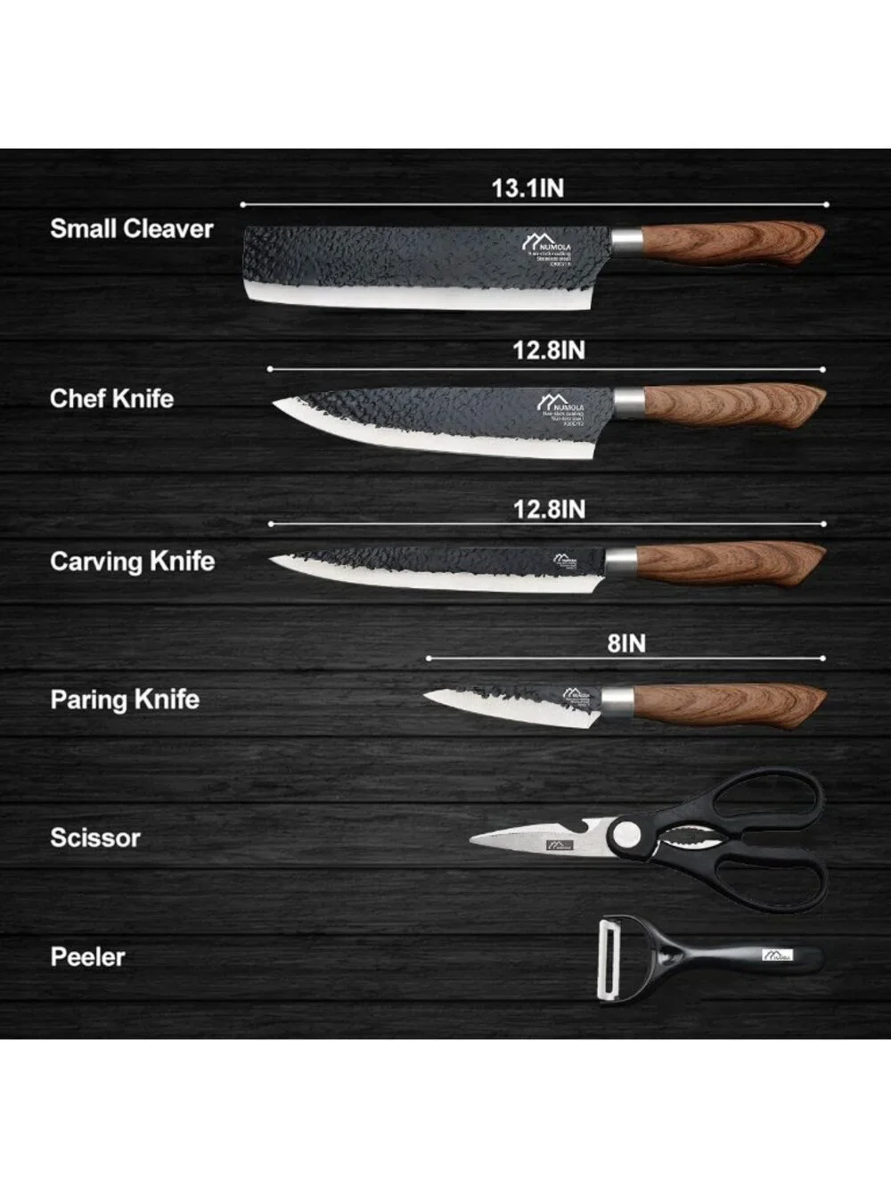 6-Piece Black Chef Knife Set - Professional Stainless Steel Cutlery for Kitchen